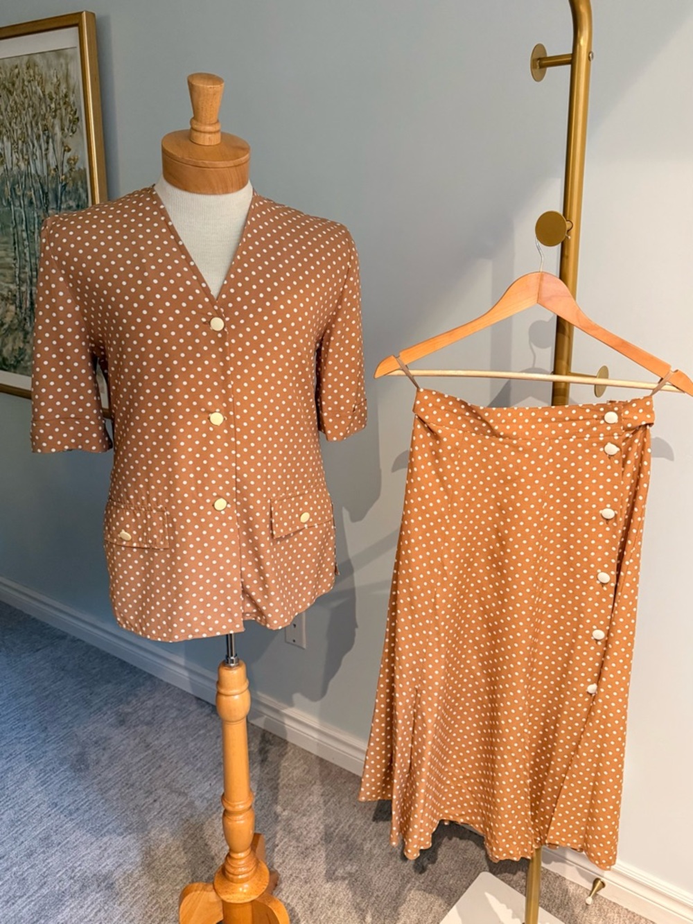 Vintage Polka Dot Skirt Set El Corte Inglés Brown Midi 2 Piece